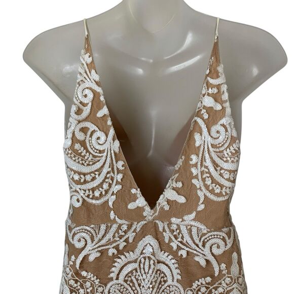 Free People Shimmering Sequin Mini Tank Dress Embroidery Lace Overlay Ivory Sz 8 - Picture 11 of 12